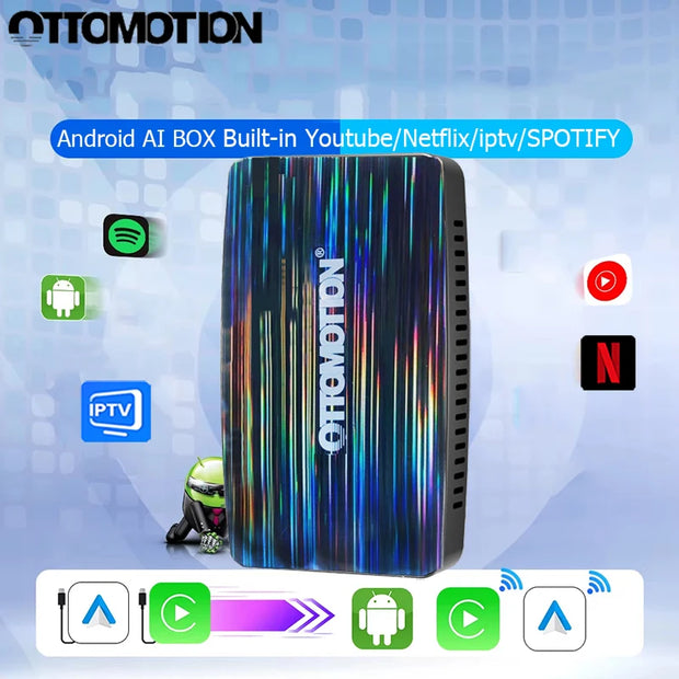 OTTOMOTION Android Ai Box Wireless CarPlay Adapter Android Auto Built in Youtube Netflix Spotify IPTV for Car with Wired Carplay